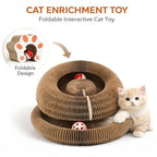 Two foldable accordion cat scratchers with bell balls, shown expanded in a zigzag shape for interactive play