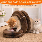 Foldable accordion cat scratcher laid flat showing corrugated texture with attached bell ball toy, 2 pack