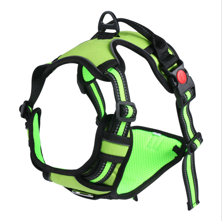 Reflective nylon pet harness and leash set shown from the side, highlighting secure buckle closures and reflective stitching