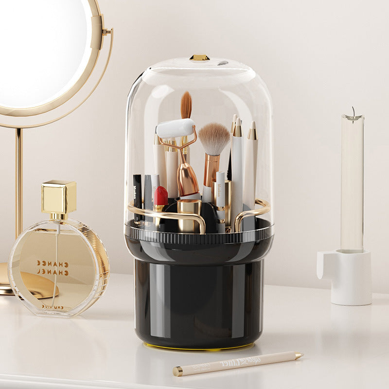 Clear rotating makeup brush holder with dustproof lid, showing organized brushes stored upright in the 1L cylindrical contain
