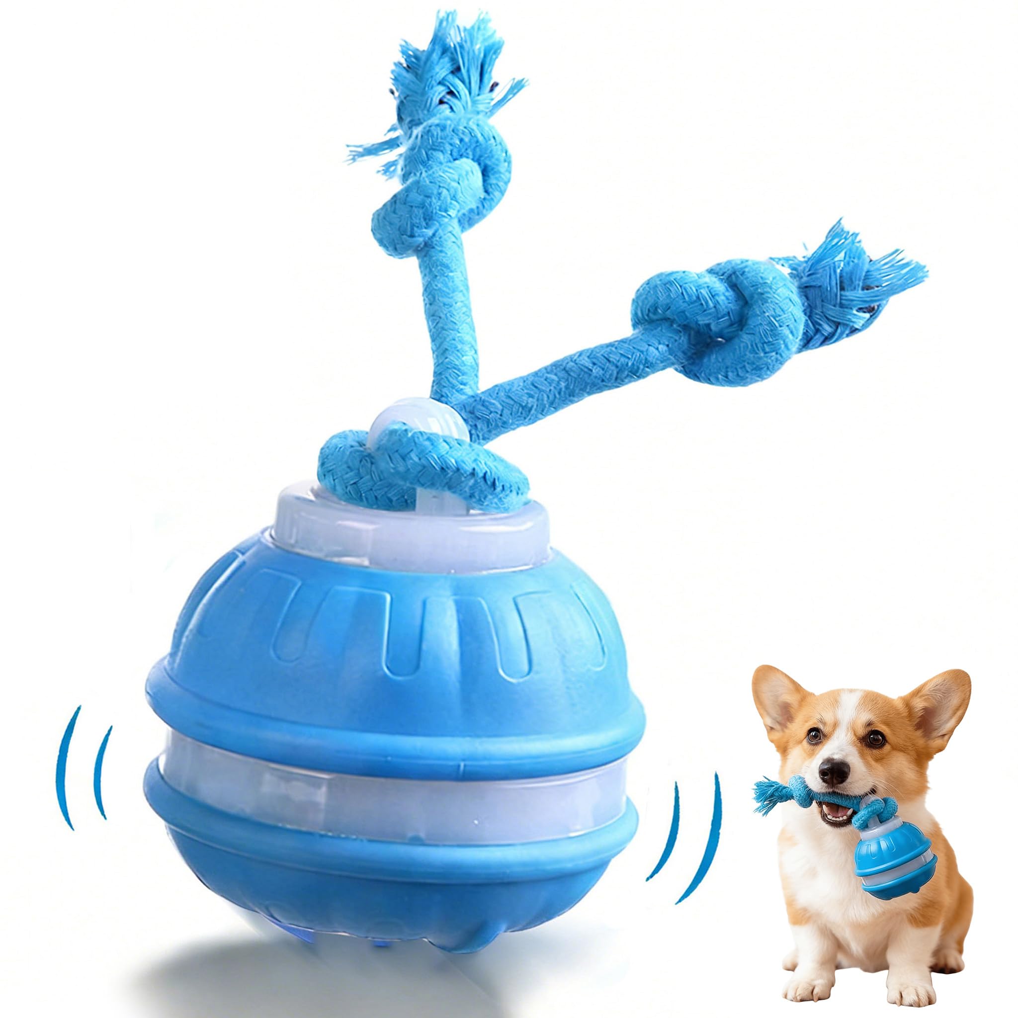 Motion-activated interactive dog ball toy that plays squeaky birdsong sounds, shown in a bright, playful design for engaging 