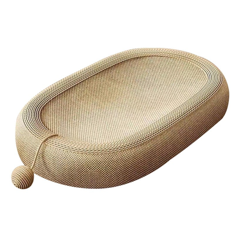Oval sisal cat scratcher bed with lounge nest design, showing textured scratching surface and cozy raised edges