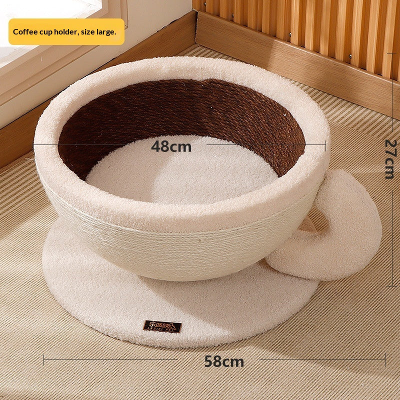 Sisal rope cat scratcher bed with cozy nest bowl, showing textured rope exterior and soft inner lining
