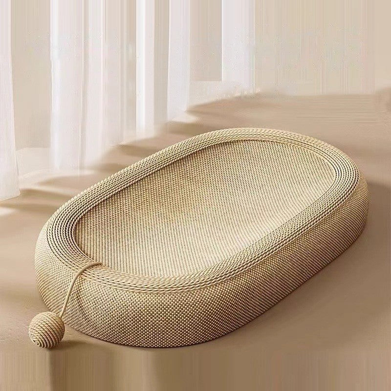 Oval sisal cat scratcher bed with lounge nest design, showing textured scratching surface and cozy raised edges