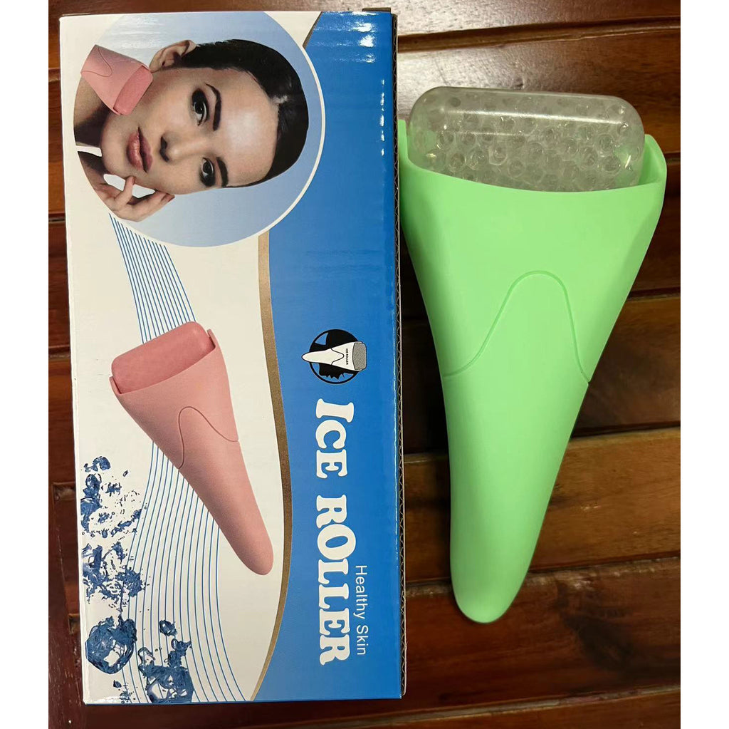 Ice roller massager for face resting on a white surface, showing the cooling facial massage tool's handle and rolling head