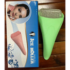 Ice roller massager for face resting on a white surface, showing the cooling facial massage tool's handle and rolling head
