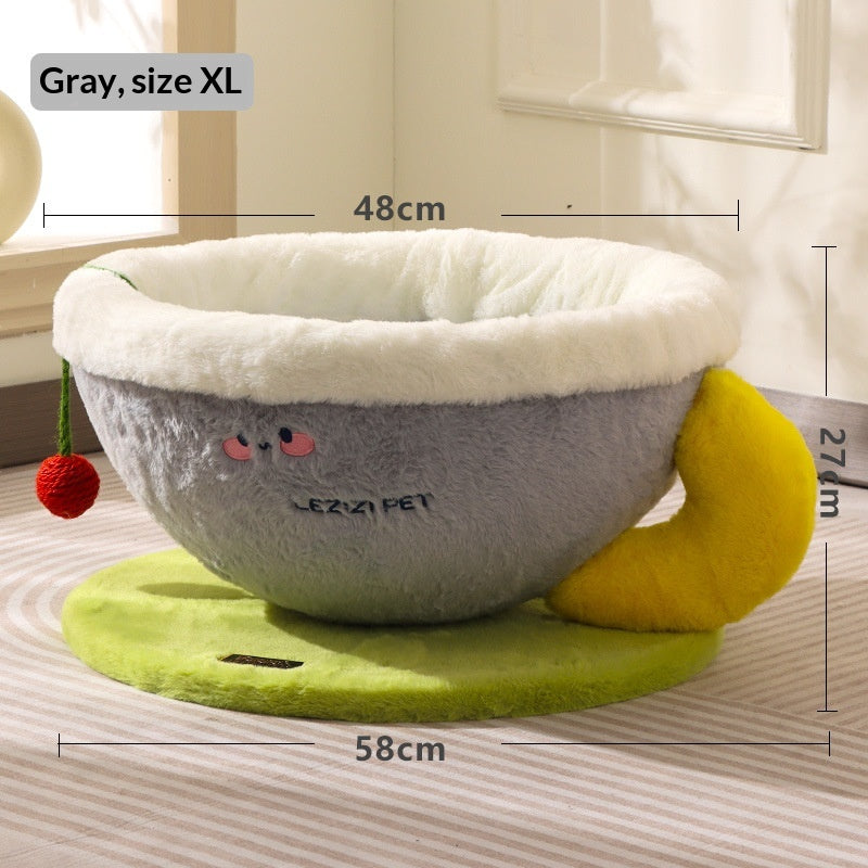 Round sisal rope cat scratcher bed with cozy nest bowl, natural tan woven texture, 2-in-1 scratching and sleeping design