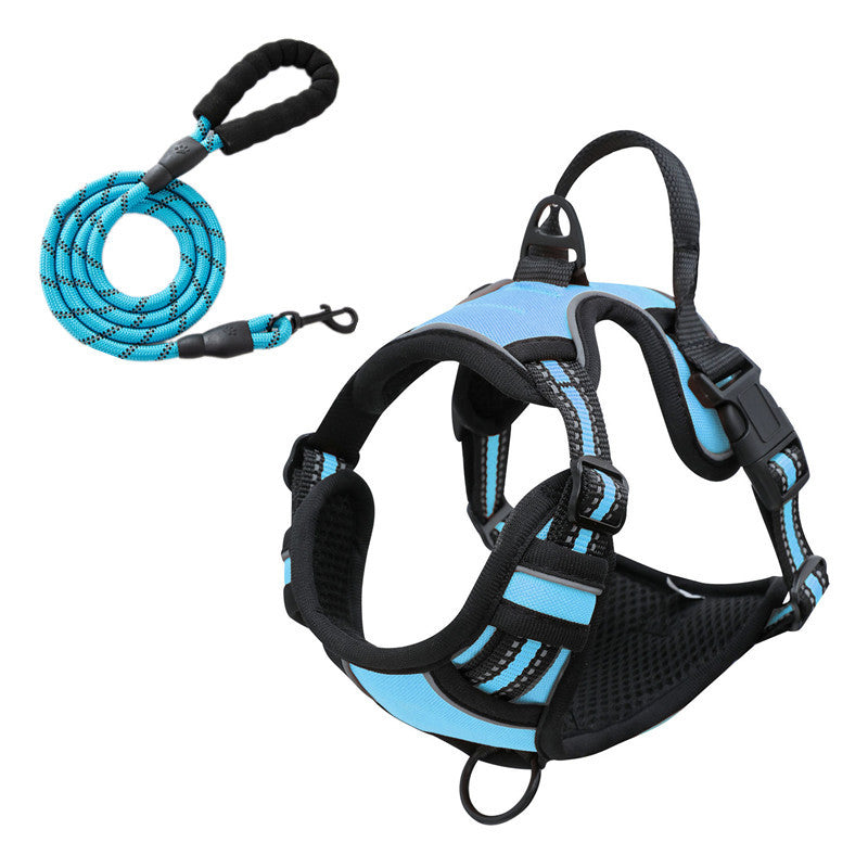Gray reflective dog vest harness with attached chest-strap leash, shown from the side on a white background
