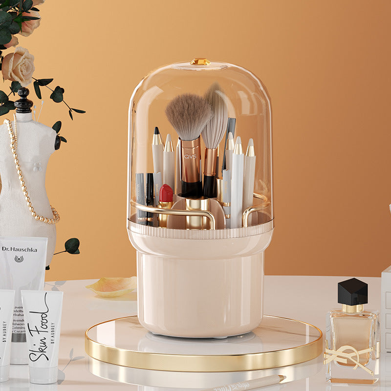 Clear rotating makeup brush holder with dustproof lid, showing organized brushes stored upright in the 1L cylindrical contain