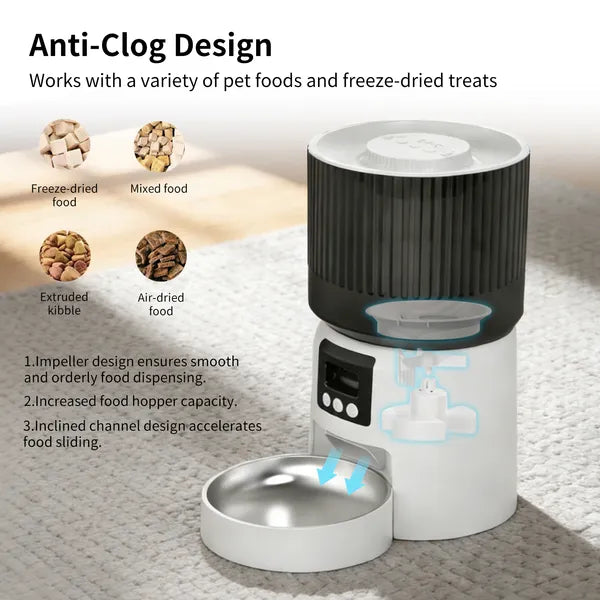 Automatic pet feeder with built-in camera showing app control interface for timed and quantitative feeding schedules