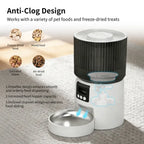 Automatic pet feeder with built-in camera showing app control interface for timed and quantitative feeding schedules