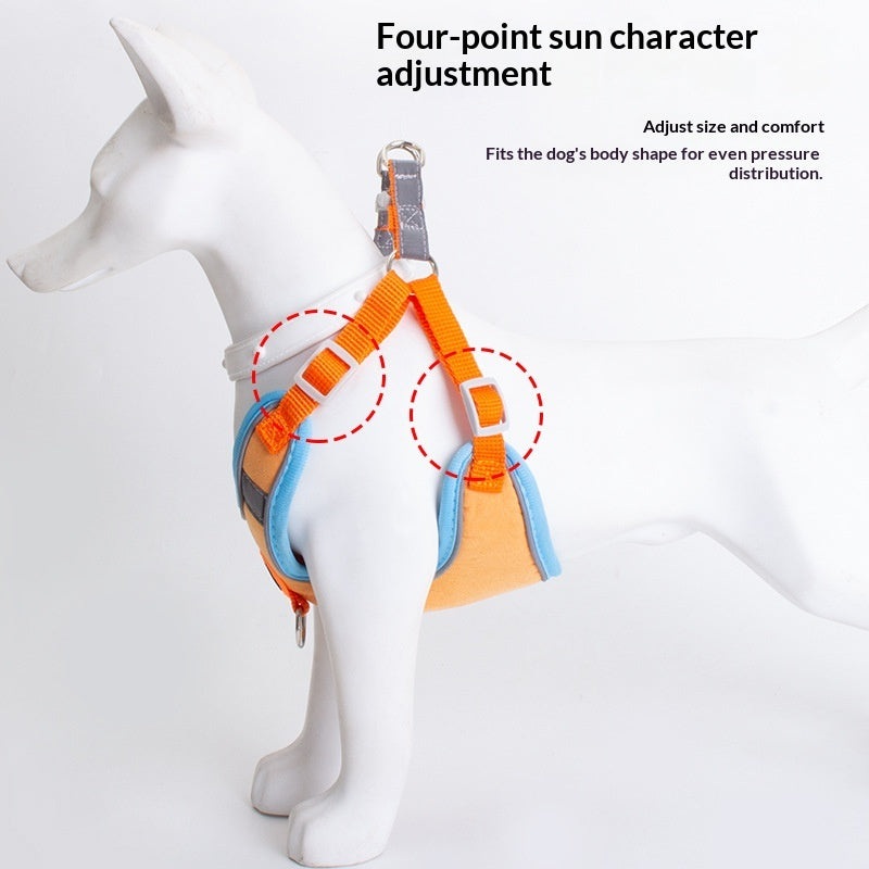 Breathable high-leg cat harness and leash set with Bichon Frise print, shown from the side