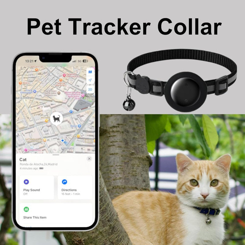 Lightweight GPS cat collar with Apple Find My and Android tracking compatibility shown on a flat surface