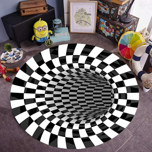 Round area rug featuring a bold 3D swirl vortex illusion print in deep blue and purple tones