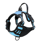 Gray reflective dog vest harness with attached chest-strap leash, shown laid flat to display breathable mesh fabric