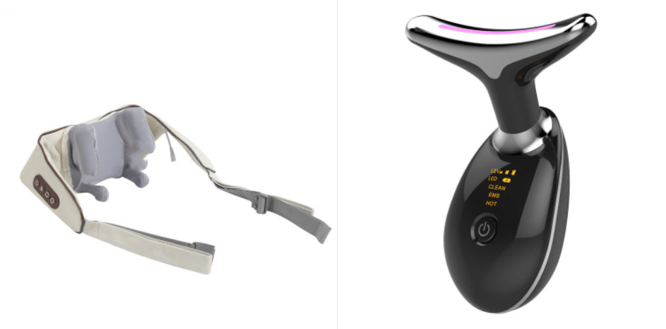 Neck massager with heat and kneading shown from the side, highlighting the ergonomic wrap design and control buttons