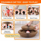 Foldable accordion cat scratcher expanded to show corrugated texture with attached bell ball toy, 2 pack