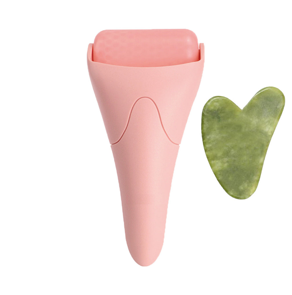 Ice roller massager for face resting on a white surface, showing the cooling facial massage tool's handle and rolling head