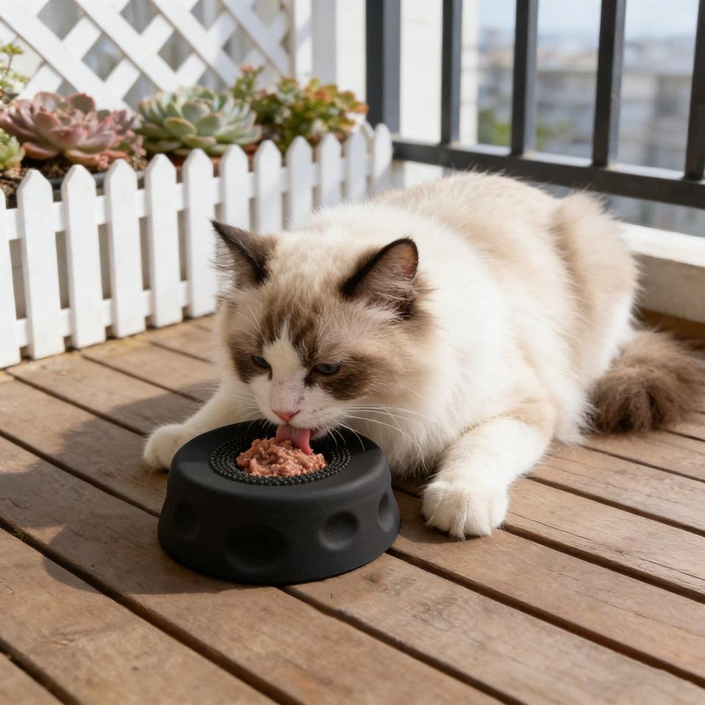 Light blue dog slow feeder lick bowl with a rolling ball insert, designed to slow down mealtime and support healthy digestion