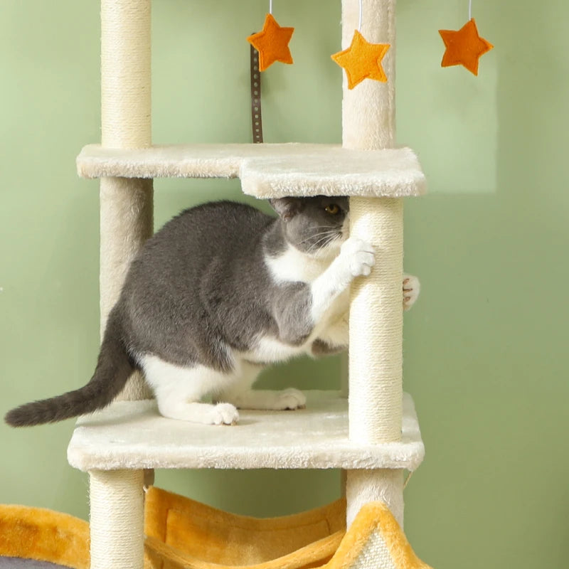 PawHut 63-inch moon and star cat tree showing the cozy hammock perch and enclosed condo for multi-level cat lounging