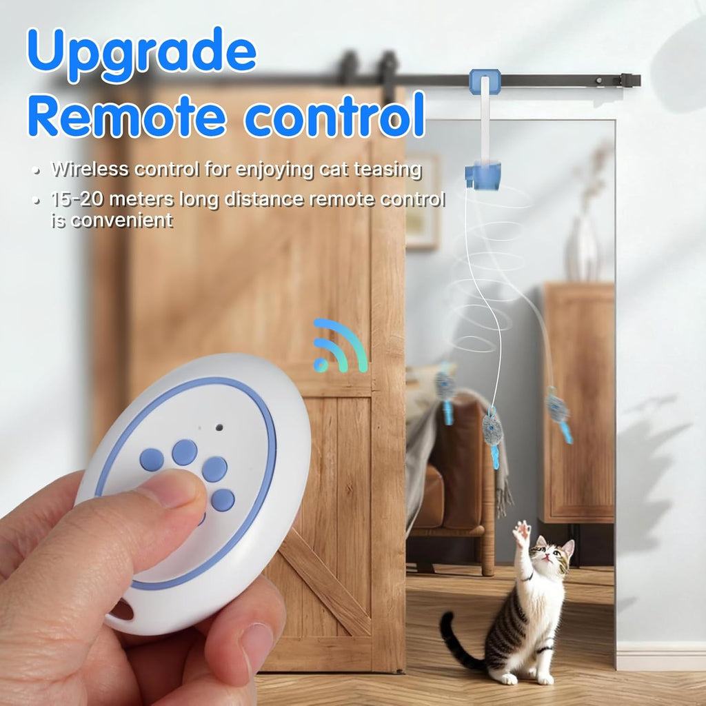 Electric cat teaser toy clipped to a door frame with remote control, showing rechargeable interactive design for cats