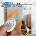 Electric cat teaser toy clipped to a door frame with remote control, showing rechargeable interactive design for cats