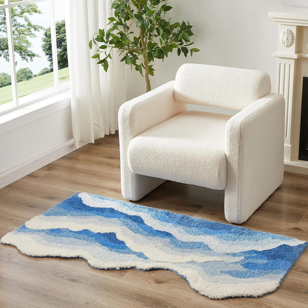 Fluffy wave-shaped bath mat with absorbent texture, shown in a soft neutral tone for bathroom floor use