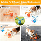 Motion-activated interactive dog ball toy emitting squeaky birdsong sounds, shown in detail to highlight texture and design
