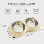 Double stainless steel pet bowl set with yellow non-slip base, showing two food and water bowls side by side