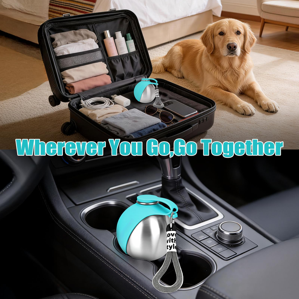 10oz stainless steel portable dog water bottle with attached bowl, shown from the side on a clean white background