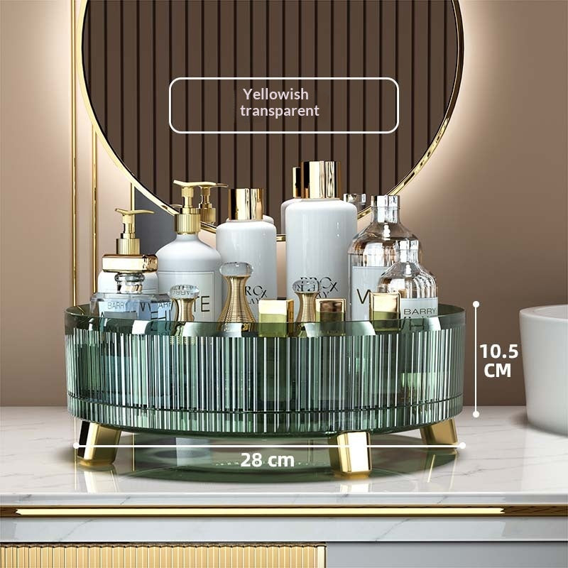 Clear rotating desktop storage box open to show multiple compartments for organizing small accessories and supplies
