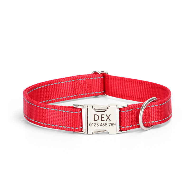 Adjustable nylon dog collar with reflective stitching shown flat, highlighting durable buckle and sizing hardware
