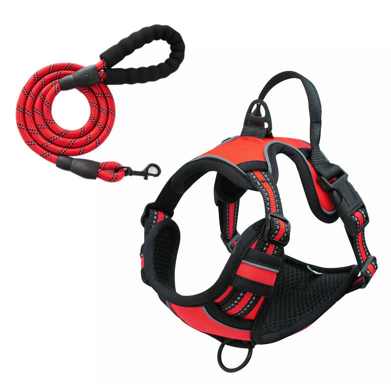 Dog wearing a reflective breathable vest harness with attached chest-strap leash, shown from the side