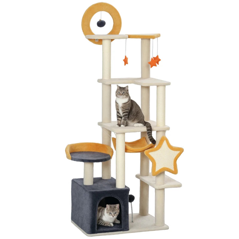 PawHut 63-inch moon and star cat tree showing the cozy hammock perch and enclosed condo for multi-level cat lounging
