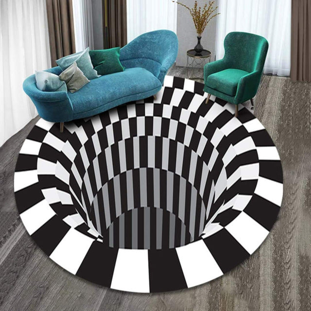 Close-up of a 3D vortex illusion area rug featuring a swirling optical illusion print in deep blue and purple tones
