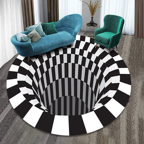 Close-up of a 3D vortex illusion area rug featuring a swirling optical illusion print in deep blue and purple tones