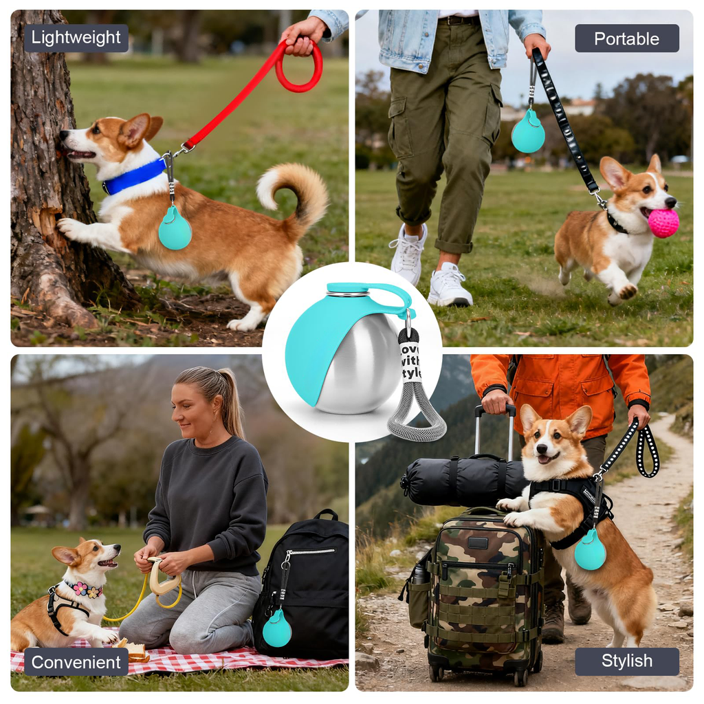 10oz stainless steel portable dog water bottle with attached bowl, shown from the side on a clean white background