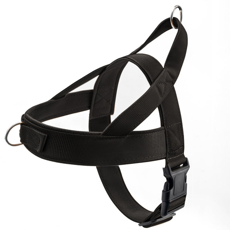 Tactical dog vest harness with collar shown from the side, featuring adjustable straps and a no-pull design in durable fabric