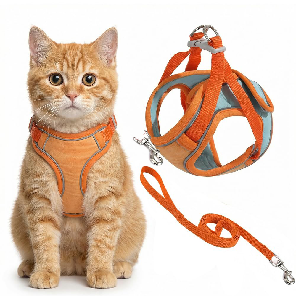 Adjustable step-in cat harness and leash set shown laid flat, displaying buckle closures and lightweight mesh design