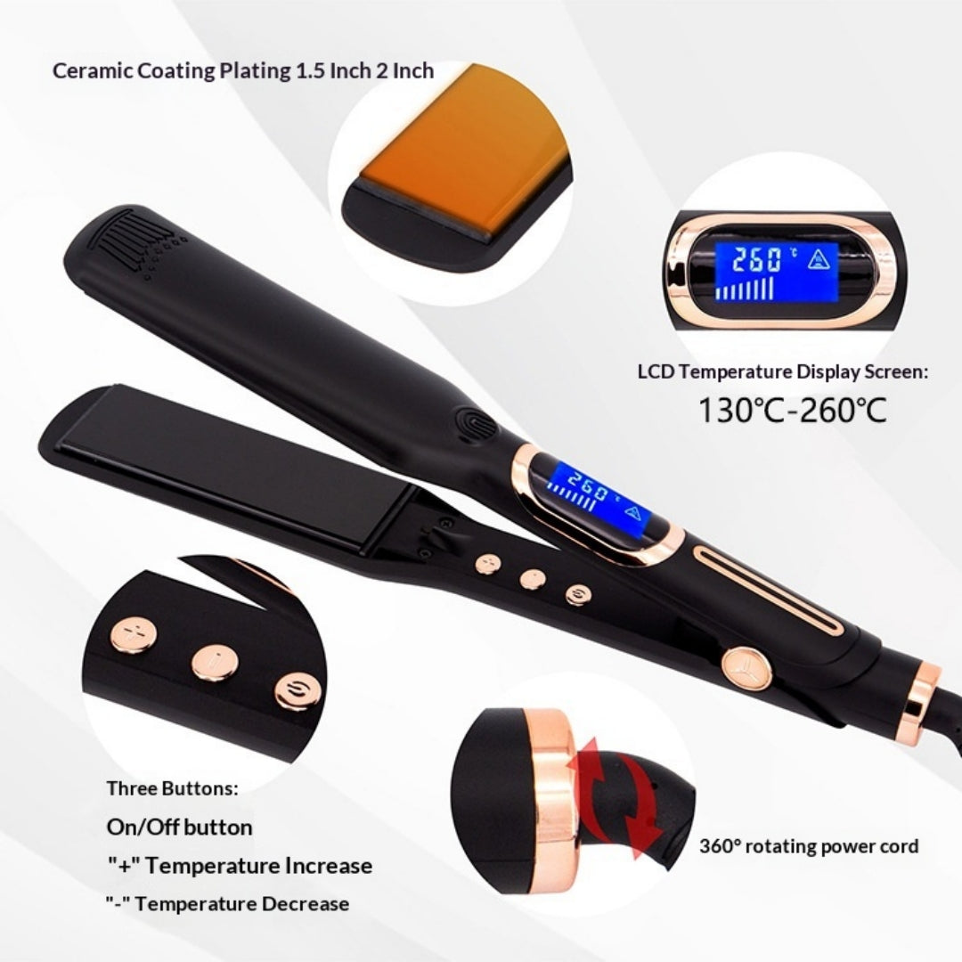 Negative ion flat iron with sleek ceramic plates shown at an angle on a white background