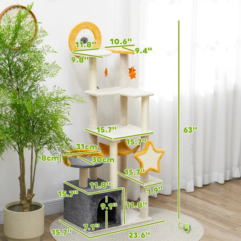 PawHut 63-inch cat tree showing moon and star details with cozy condo, hammock, and sisal scratching post
