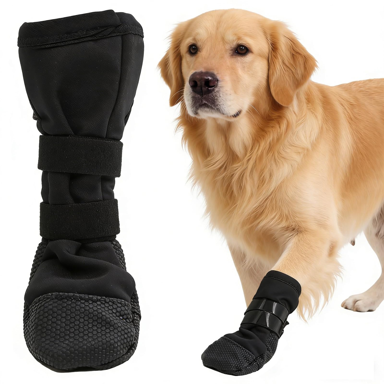 Breathable non-slip dog recovery boot protecting an injured paw, shown on a small dog in a side view