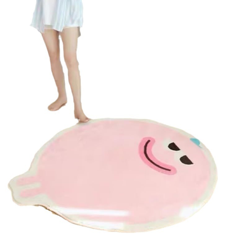 Round cartoon bedroom rug with colorful abstract animal art pattern, shown flat on a light floor