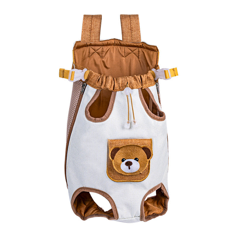 Gray outdoor backpack dog harness carrier with padded chest strap, shown from the front on a white background