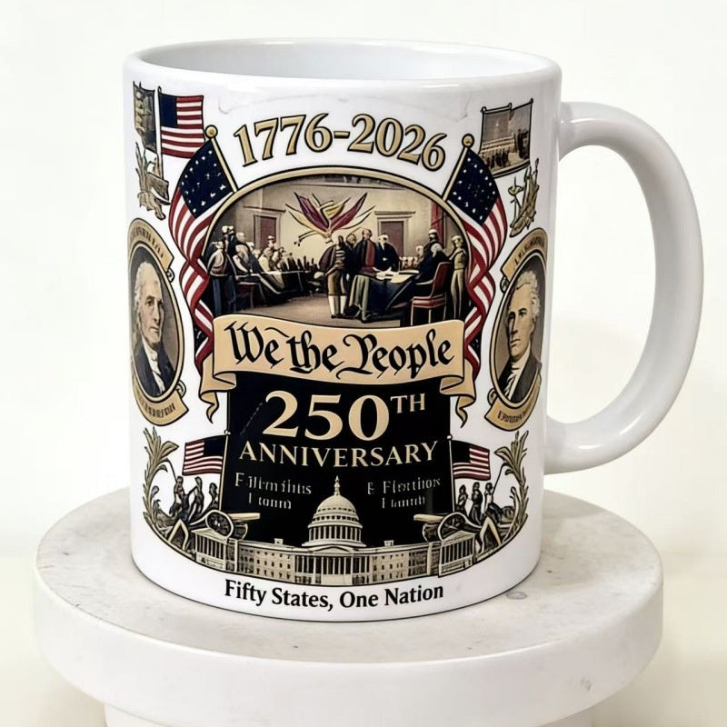 Round white ceramic coffee mug featuring 250th anniversary commemorative design, 301–400ml capacity, shown on a clean backgro