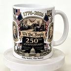 White 250th Anniversary ceramic coffee mug with decorative print, round shape, 301–400ml capacity, shown on a clean backgroun
