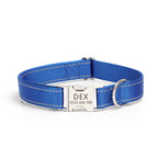 Adjustable nylon dog collar with reflective stitching shown in close-up detail, ideal for nighttime visibility and daily wear