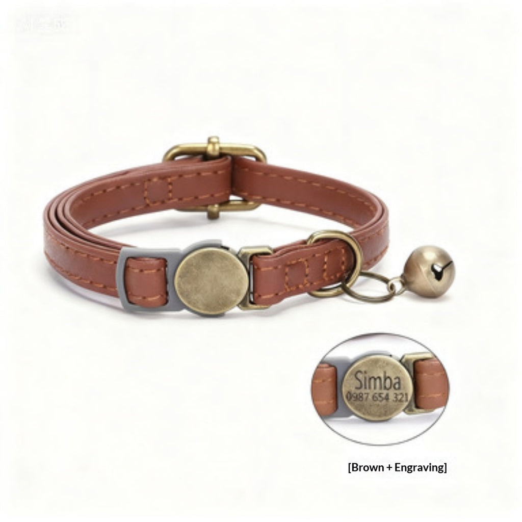 Retro leather cat collar with vintage-style buckle, shown in close-up detail on a flat surface