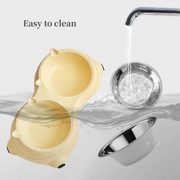 Double stainless steel pet bowl set with yellow non-slip base, side view showing both food and water bowls