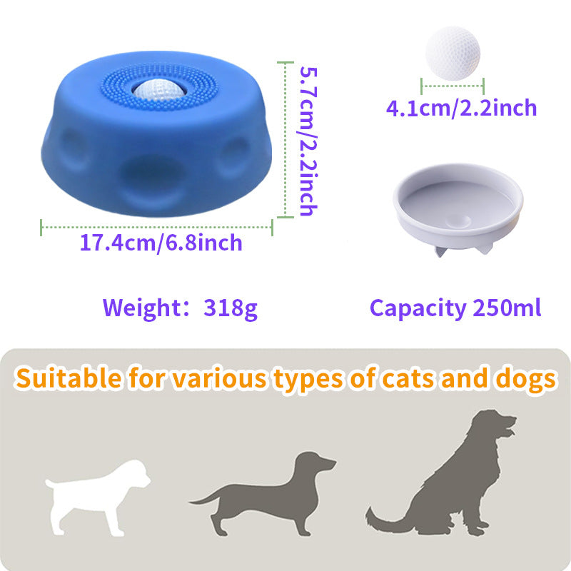 Light blue dog slow feeder lick bowl with rolling ball insert, shown from above on a white background